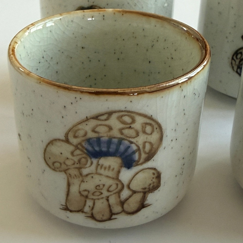 Set of 4 Mushroom Ceramic Tea Sake Cups Speckled Crackle Glaze Small 2.5"
